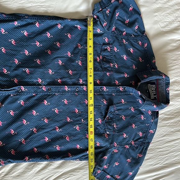 Drill Clothing Co Button Down Blue w white polka and flamingo sz M - Picture 6 of 9
